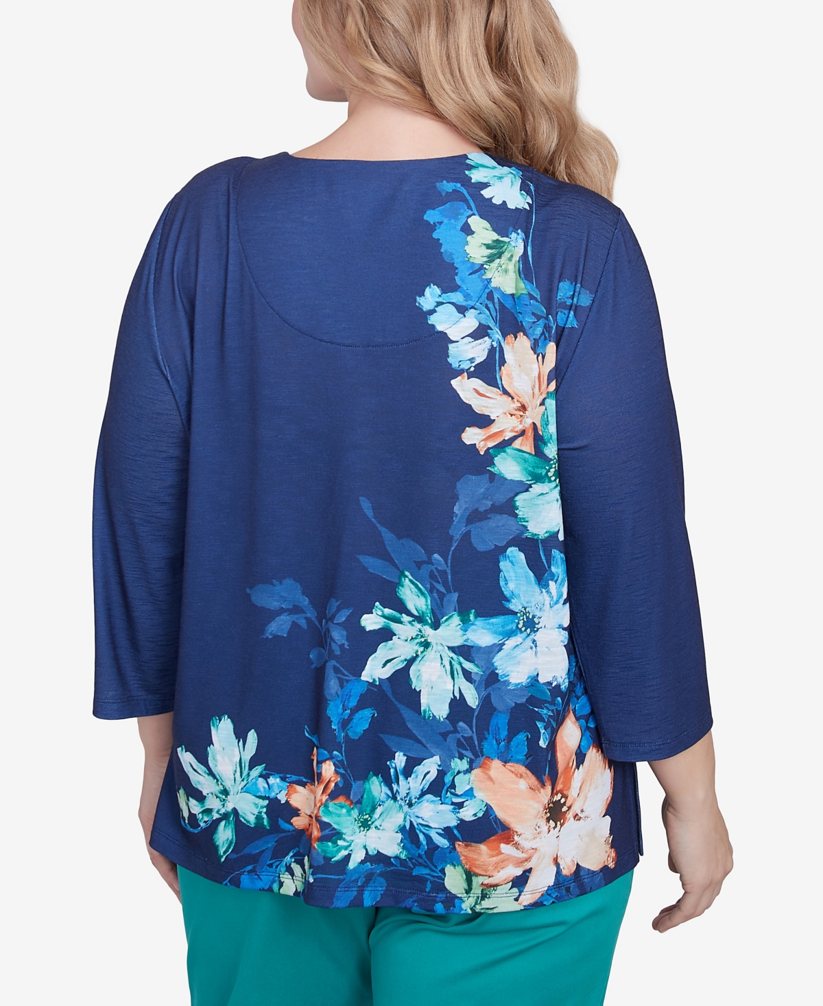 Alfred Dunner Plus Size Nantucket Asymmetric Floral Beaded Split Neck Top In Marine Blue