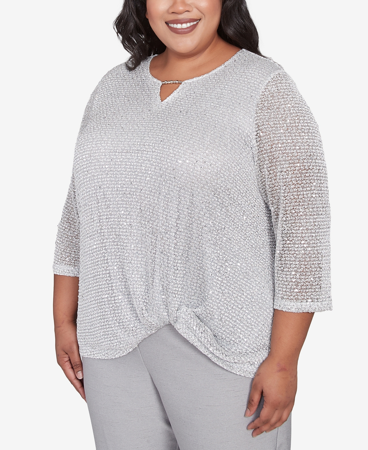 Alfred Dunner Plus Size Estate Of Mind Sequin Beaded Split Neck Top In Dove Gray