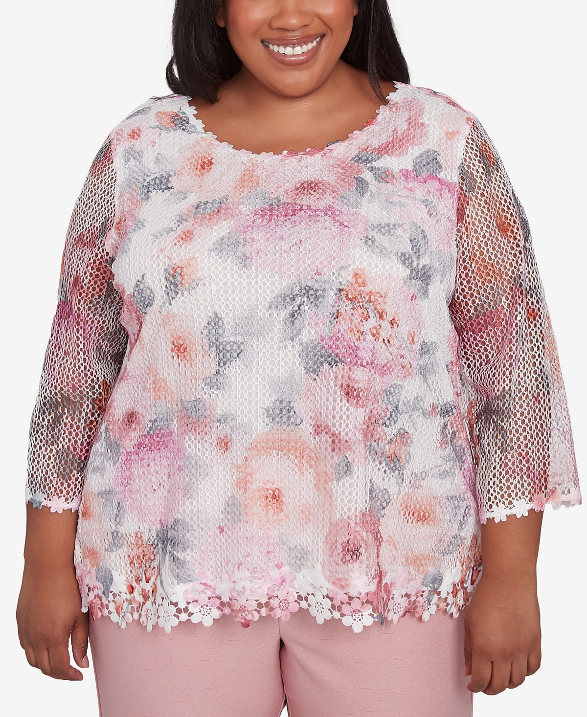 Plus Size Estate of Mind Floral Mesh Watercolor Crew Neck Top - Multi Pink