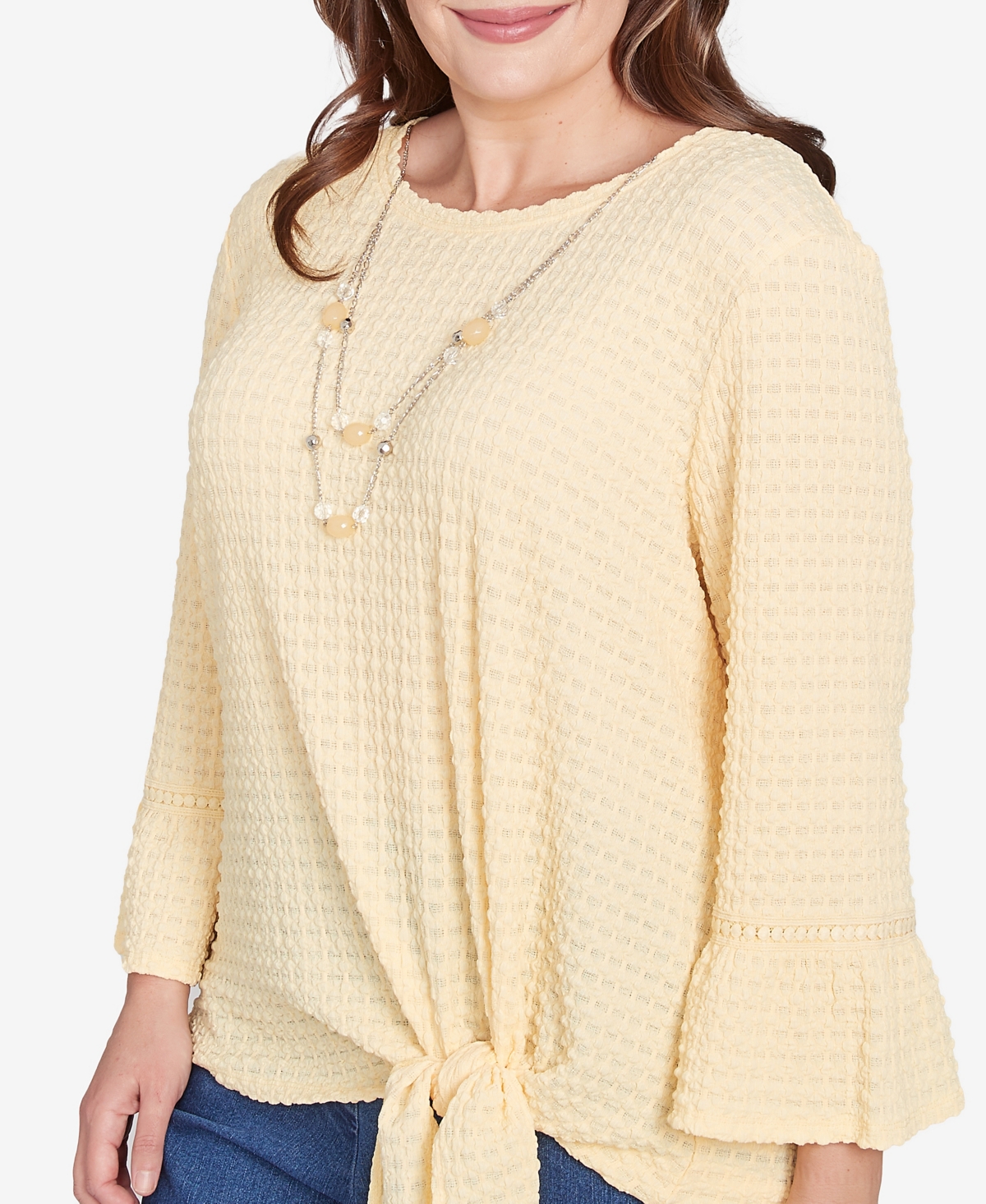 Alfred Dunner Plus Size Flower Power Tie Front Textured Crew Neck T-shirt With Necklace In Buttercup