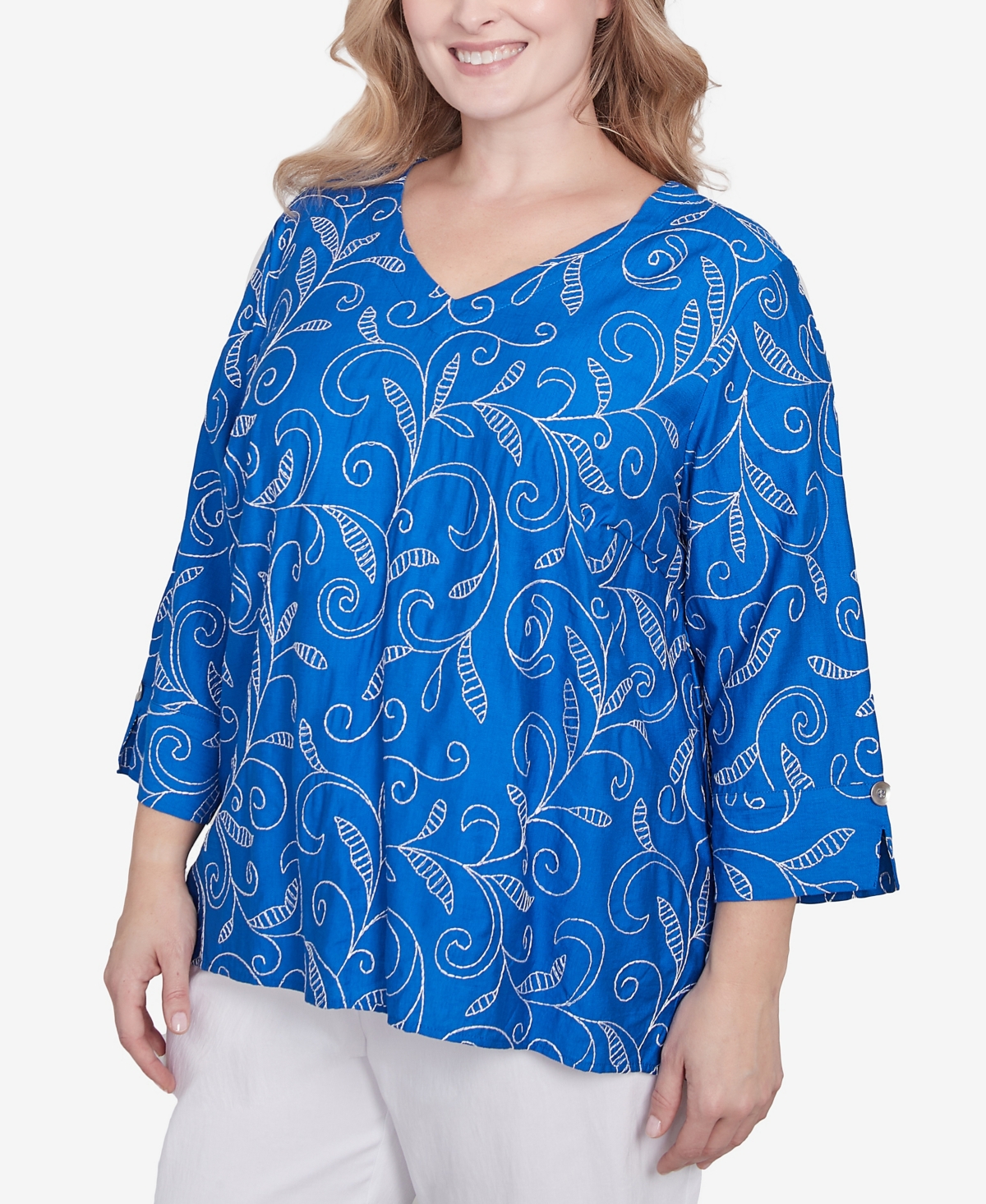 Alfred Dunner Plus Size Parrot Cay Scroll Embroidered Cuff Sleeve Top In Cobalt Blue