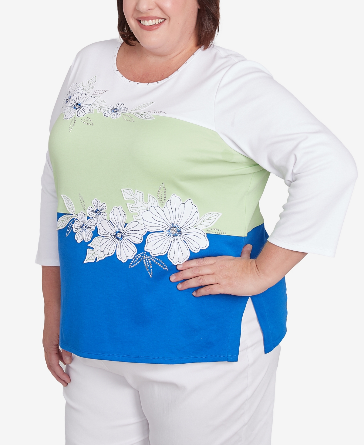 Alfred Dunner Plus Size Parrot Cay Tropical Colorblock Floral Crew Neck Top In Cobalt Multi