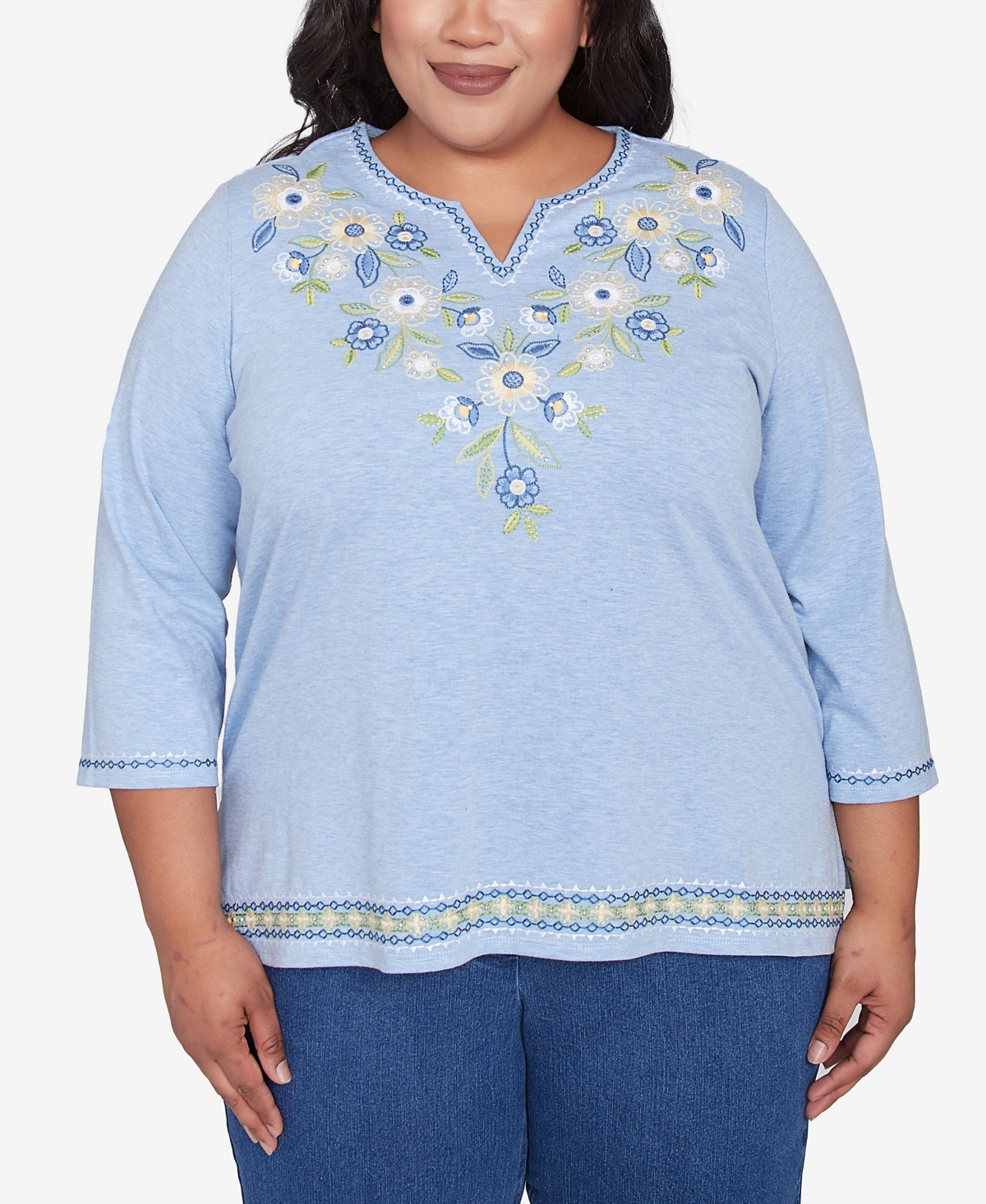 Plus Size Flower Power Embroidered Daisy Split Neckline Top - Blue