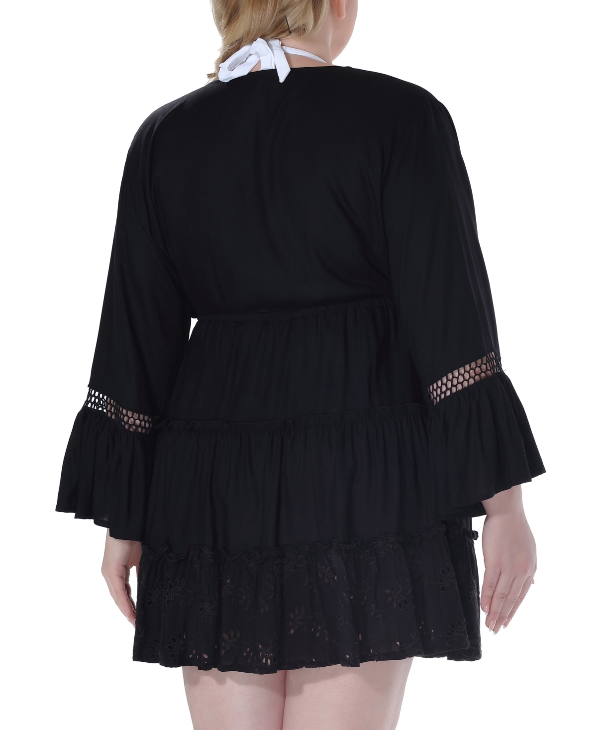 Raviya Plus Size Lace-inset Eyelet-flounce Cover-up In Black