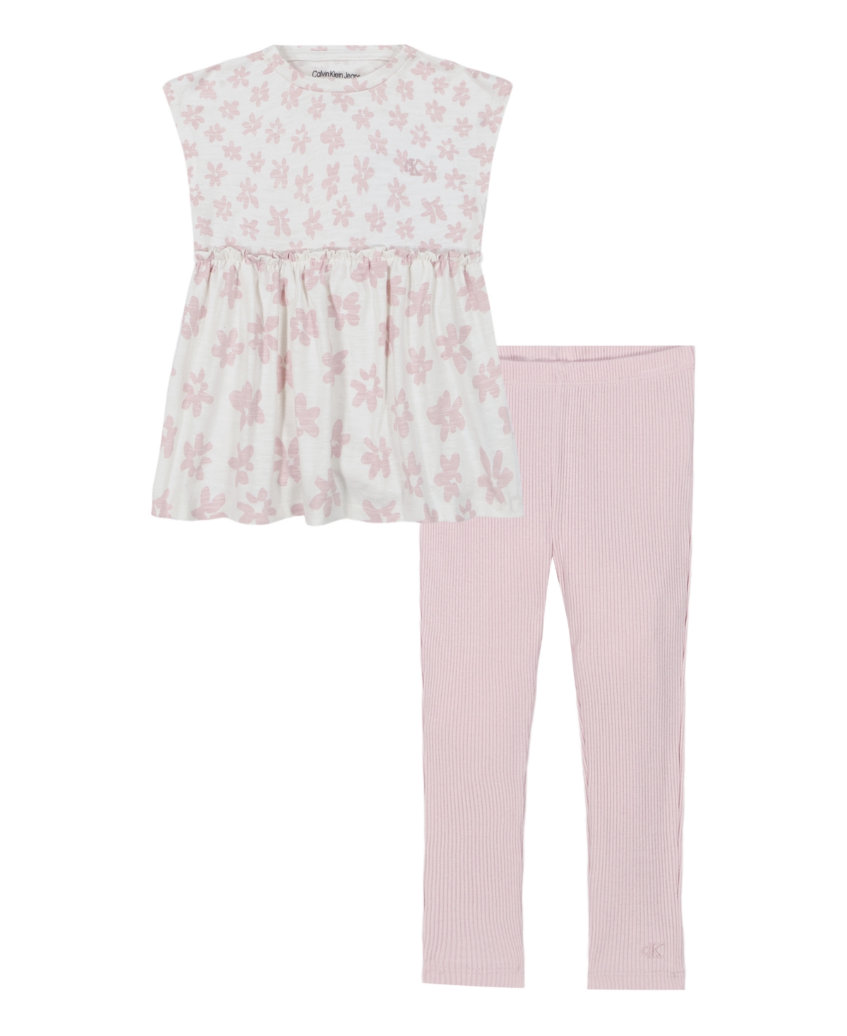 Calvin Klein Toddler And Little Girls 2-piece Mixed Print Floral Tunic Ribbed Stretch Leggings Sets In Egret,sepia Rose