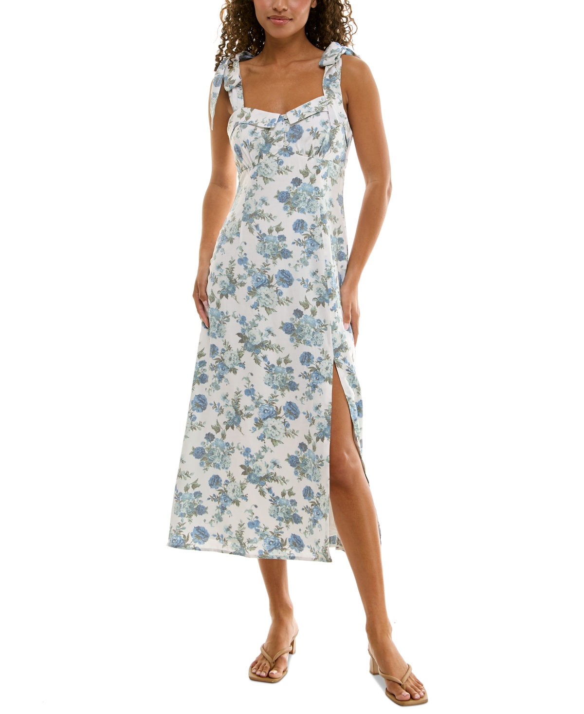 Juniors' Tie-Strap Midi Dress - White Blue Floral