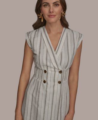 【Donna Karan New York】Women's Striped V-Neck Dress $350 NWT Sz.8 Donna Karan New York V-Neck Ruffle Detail