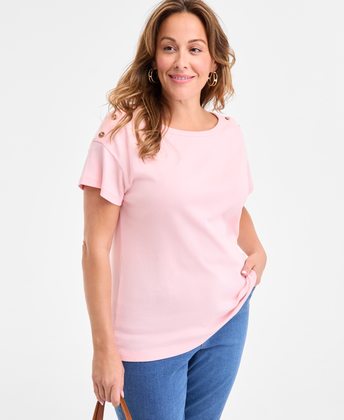 Plus Size Crewneck Button-Trim-Shoulder Cotton Top, Exclusively at Macy's - Warm Blush