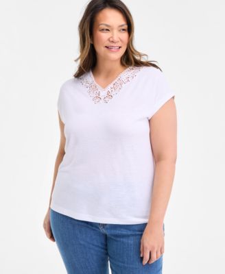 Plus Size Lace-Trim-V-Neck Short-Sleeve T-Shirt, Exclusively at Macy's 