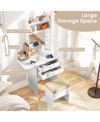 Compact Vanity Desk with Lighted Mirror and Built-In Power Outlets