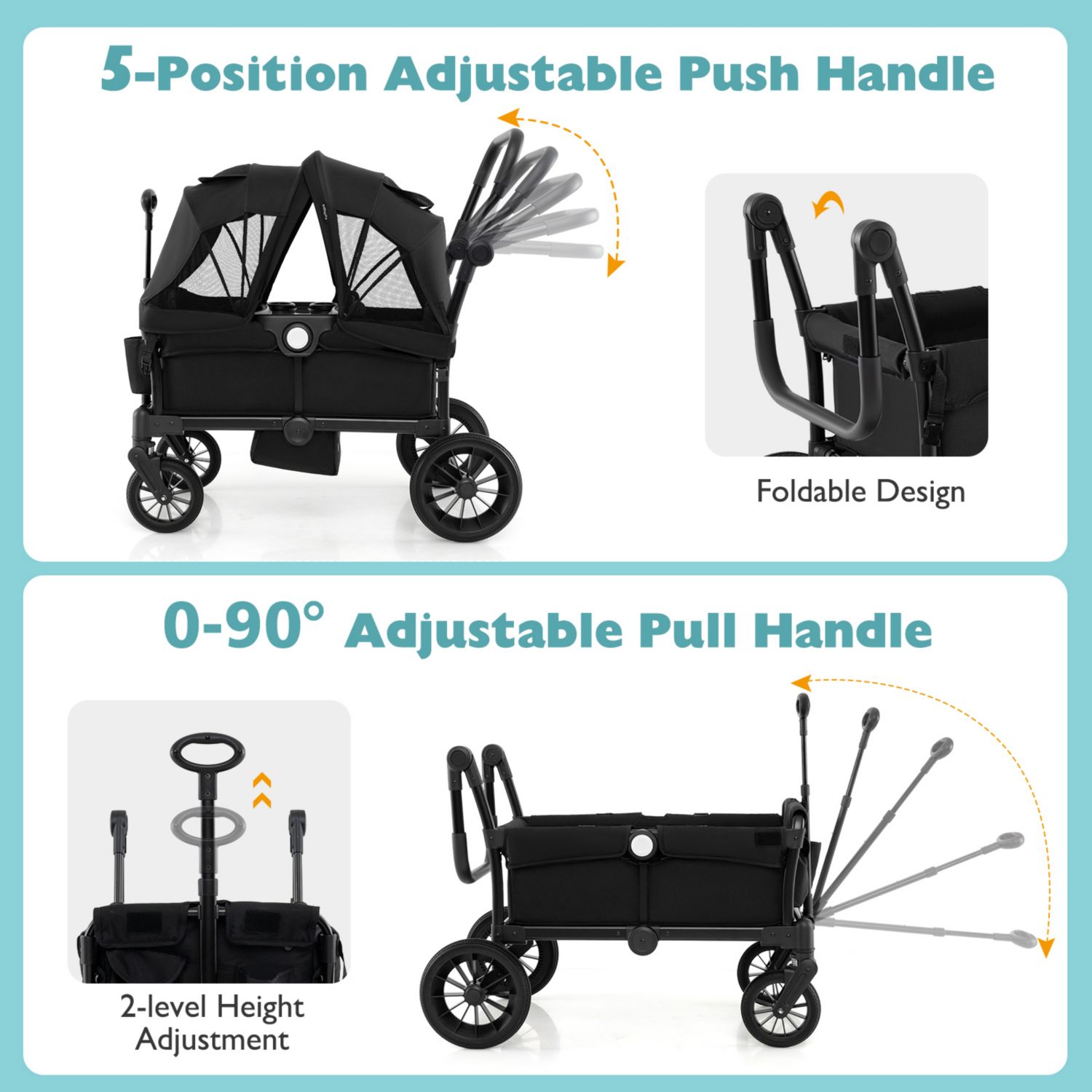 2-Seater Collapsible Kids Wagon Stroller with Push Pull Handle and Adjustable Bar