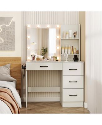 Vanity Desk with 3-Color Lights and Power Outlets