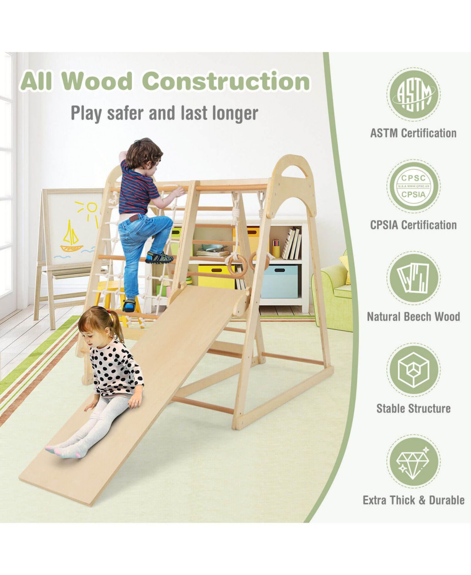 6-in-1 Wooden Indoor Kids Jungle Gym Playset with Monkey Bars, Climbing Net, Ladder, Rings, Slide and Tent, 6-Piece Set