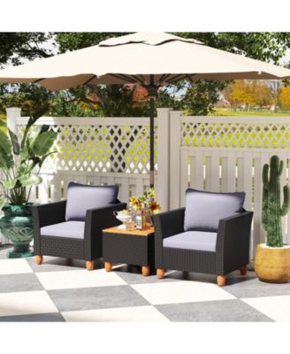 3 Pieces Outdoor Patio Wicker Furniture Set with Cushions and Acacia Wood Coffee Table