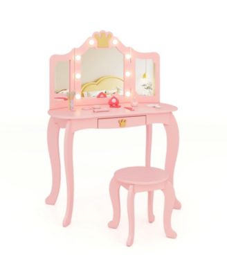 Kids Vanity Set with Tri-Fold Lighted Mirror, Detachable Top, and Stool Fun Dressing Table for Kids