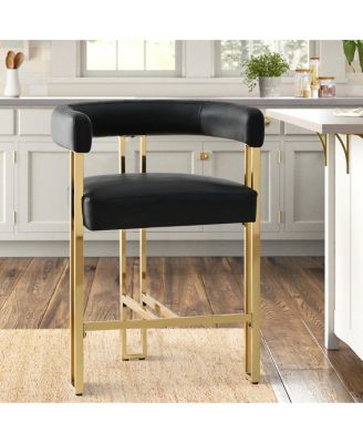 Modern Black Faux Leather Bar Stools Set of 2–Gold Metal Frame, Counter Height Chairs with Backrest-Maison Boucle