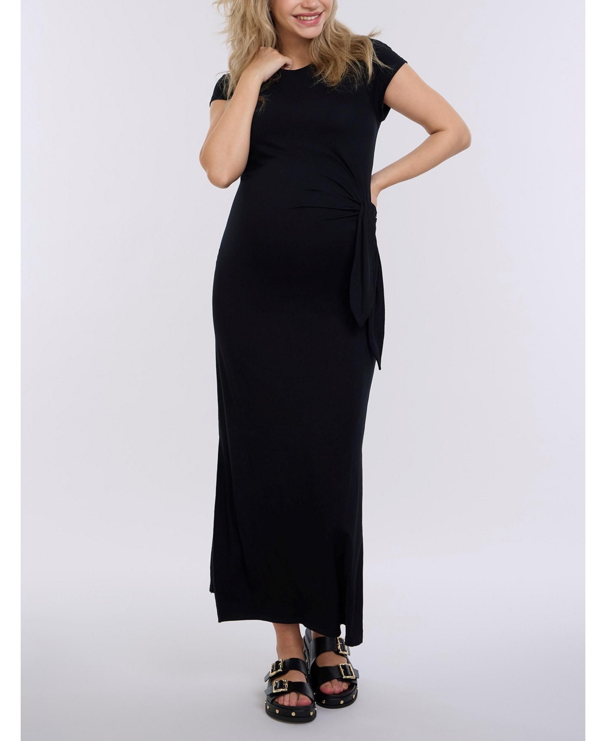 Maternity Crew Neck Short Sleeve Side Tie Midi Dress - Motherhood - Navy blazer