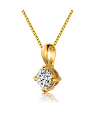 Sterling Silver 14K Gold Plated with Clear Round Cubic Zirconia Solitaire Necklace