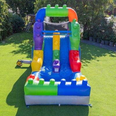 HeroKiddo 12FT Block Party Dual Lane Backload Inflatable Water Slide with Attached Pool & Air Blower, Commercial Grade, PVC Vinyl, Outdoor Play, Backyard Fun, Kids and Adults