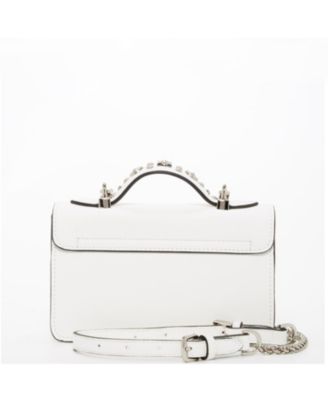 White Leather Crossbody Bag Small Structured Women s Handbag with Top Handle and Embelishments