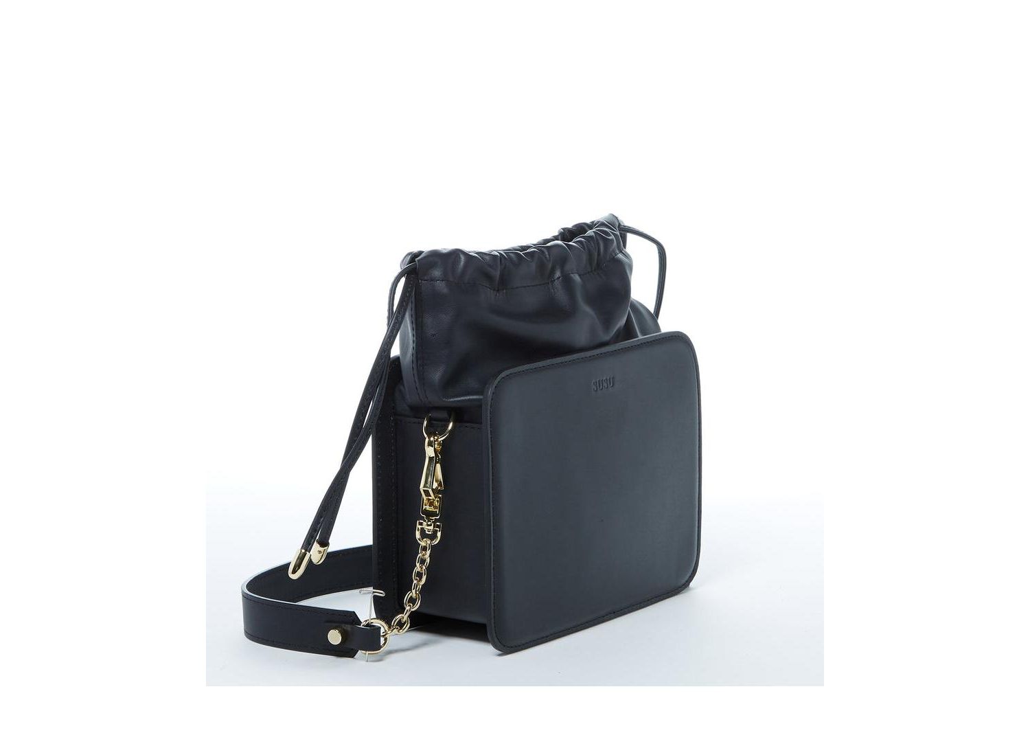 Black Leather Bucket Bag Medium Size Purse for Women with Drawstring Closure