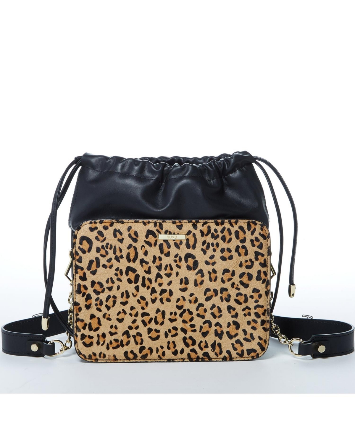 Leather Bucket Bag Leopard Black Purse Drawstring Design Medium Size Bag - Black leopard