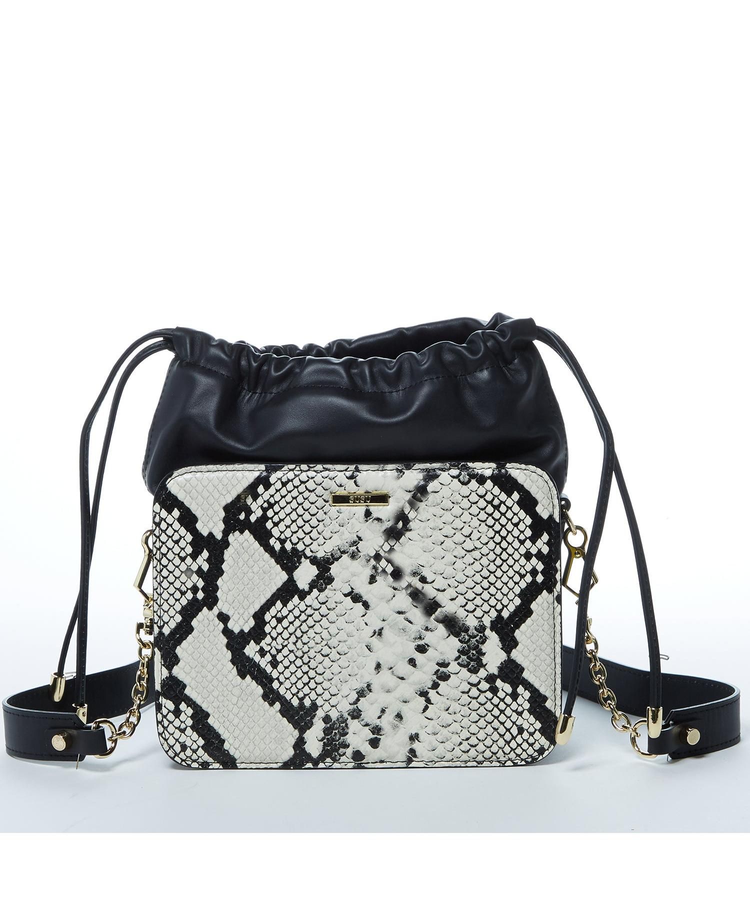 Black Leather Bucket Bag Medium Size Purse with Snakeskin Print and Drawstring Design for Women
