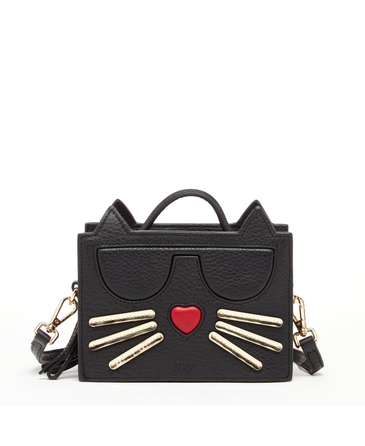 Womens Leather Novelty Cat Face Mini Crossbody Bag Cute Structured Box Purse Small Top Handle Satchel with Zipper Closure Black