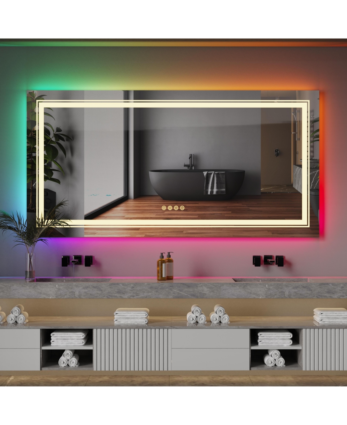 23.6 x 31.5 In Large Rectangular Rgb Backlit Bathroom Makeup Shaving Mirror Dimming Wall Mount - Silver
