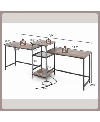 97 Inch Two Person Desk Double Computer Desk with Power Outlets Printer Stand