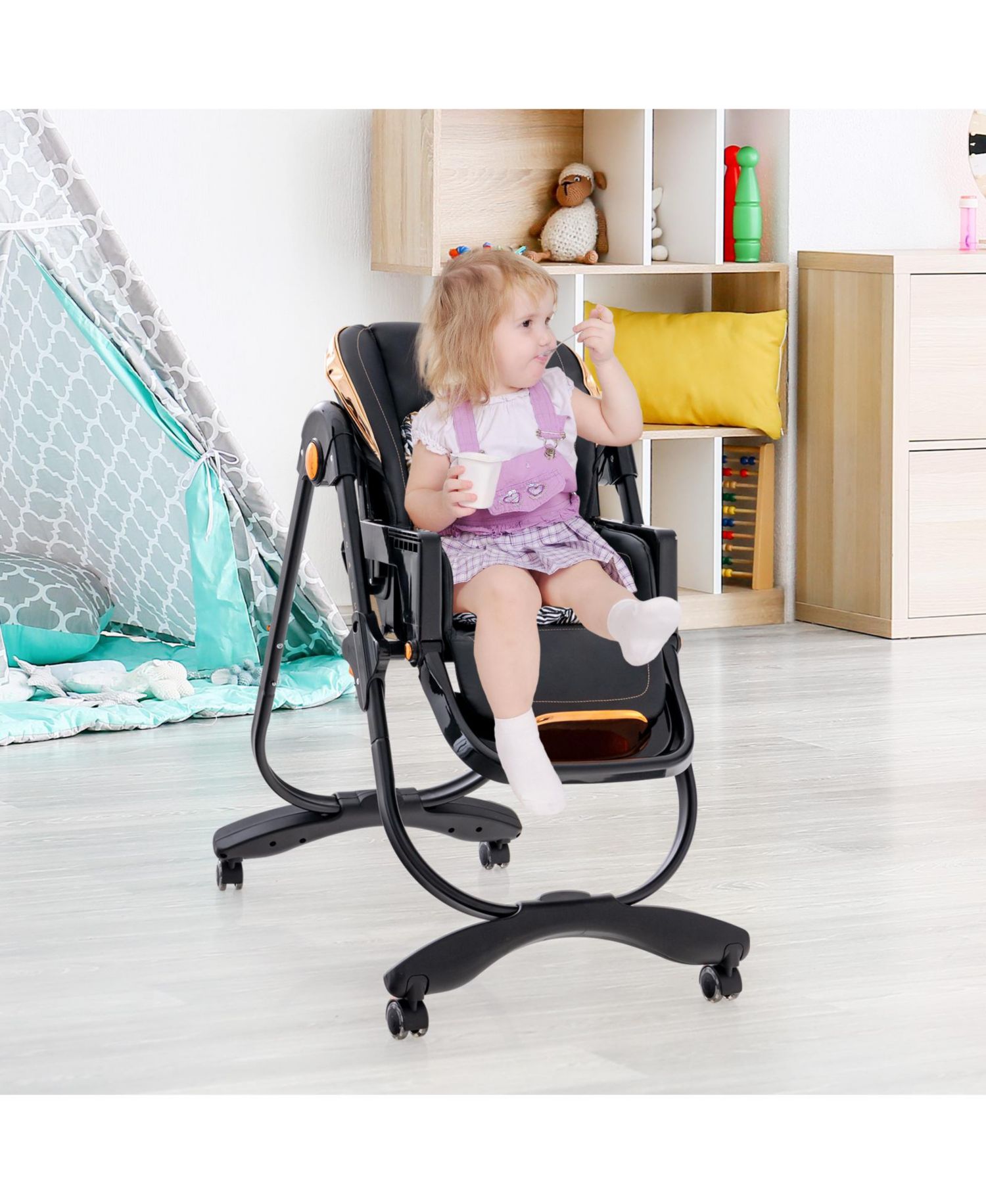Kids Folding Dining High Chair with Adjustable Height and Recline