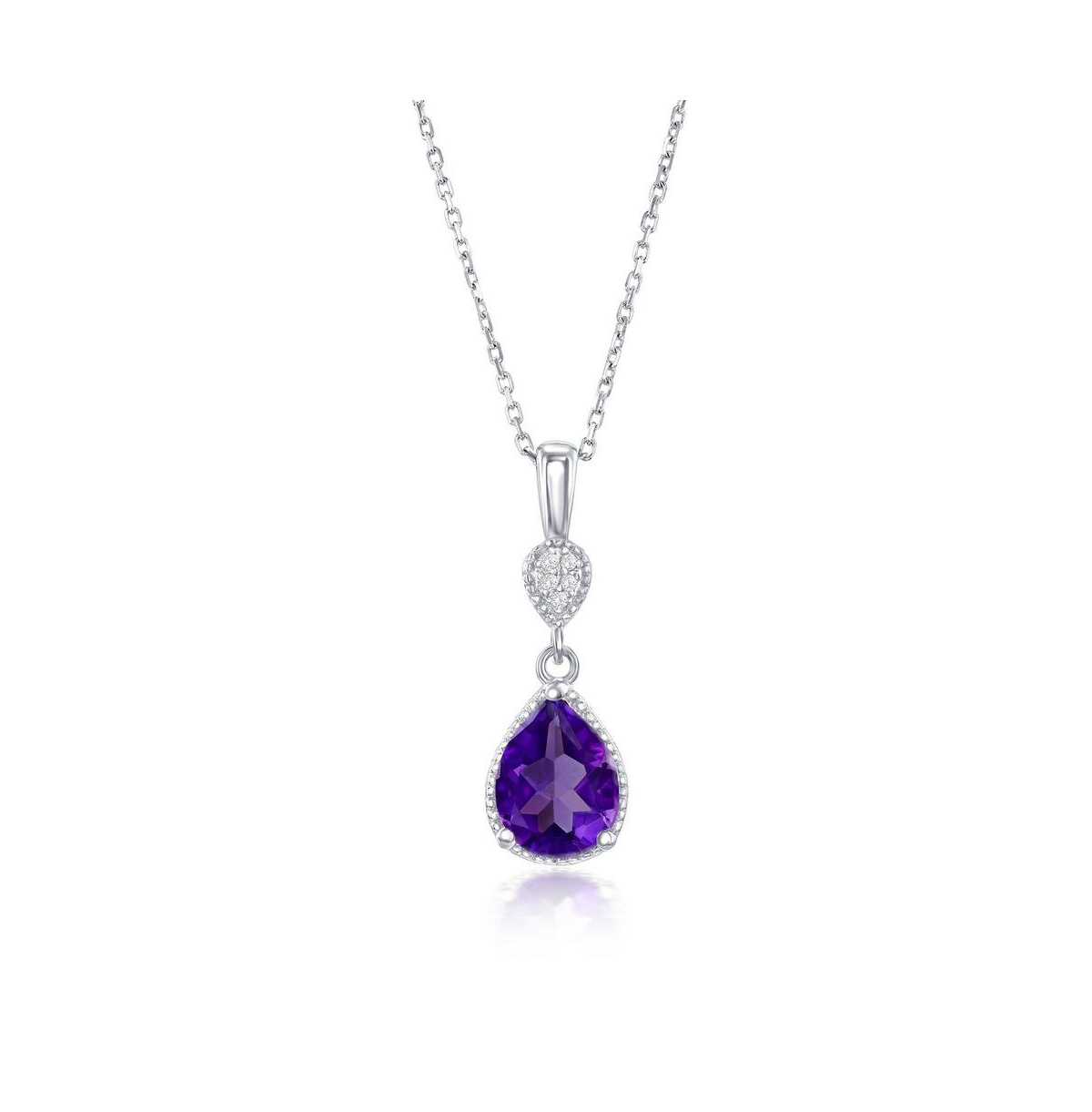 Sterling Silver, Pear-shaped Gem Necklace - Amethyst