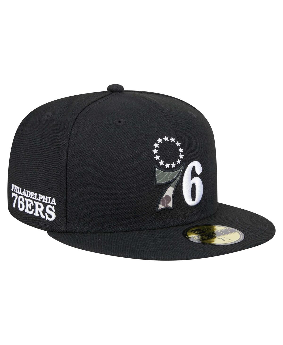 New Era Men's Black Philadelphia 76ers Camo Print Uv 59fifty Fitted Hat In Black,camo