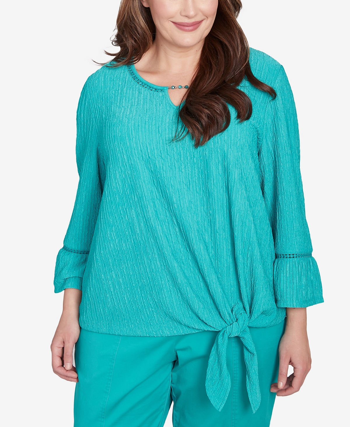 Plus Size Nantucket Solid Tie Front Bell Sleeve Top - Jade