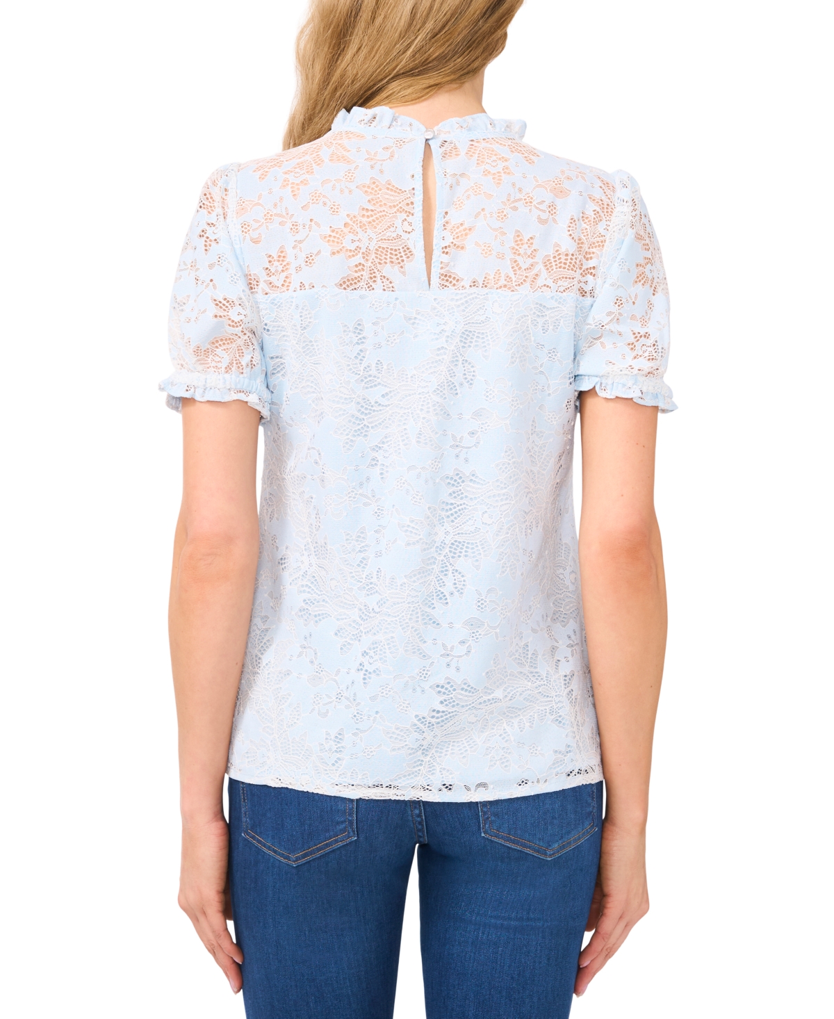 Shop Cece Women's Ruffle Neck Short Puff Sleeve Blouse In Spa Blue