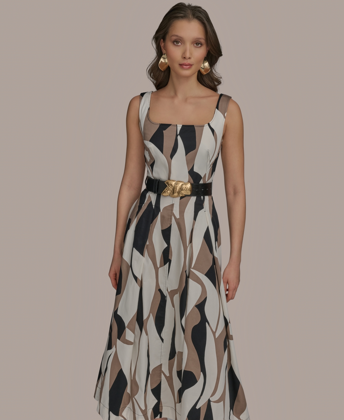 Shop Donna Karan Women's Abstract-print Square-neck Midi Dress In Black Multi