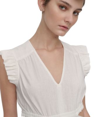 Women's Linen-Blend Tiered V-Neck Cutout Dress