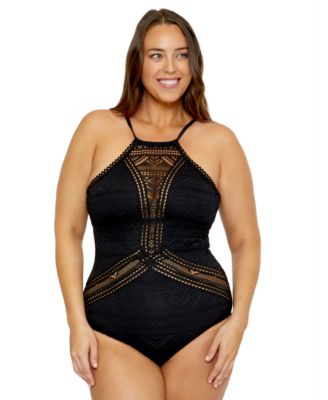 Plus Size Color Play Crocheted High Neck One-Piece Swimsuit