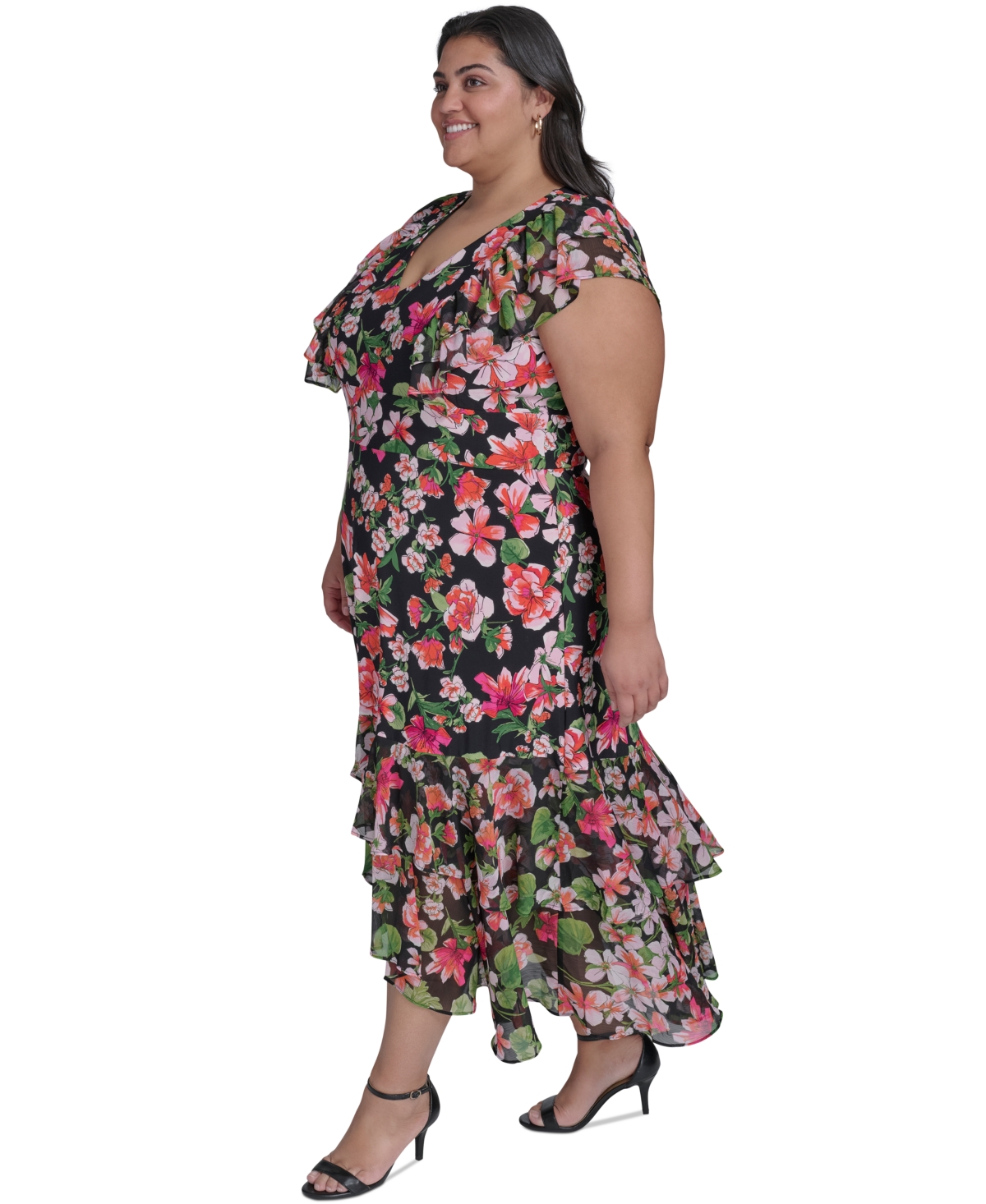 Tommy Hilfiger Plus Size Floral-print Mixed-media Maxi Dress In Black Multi