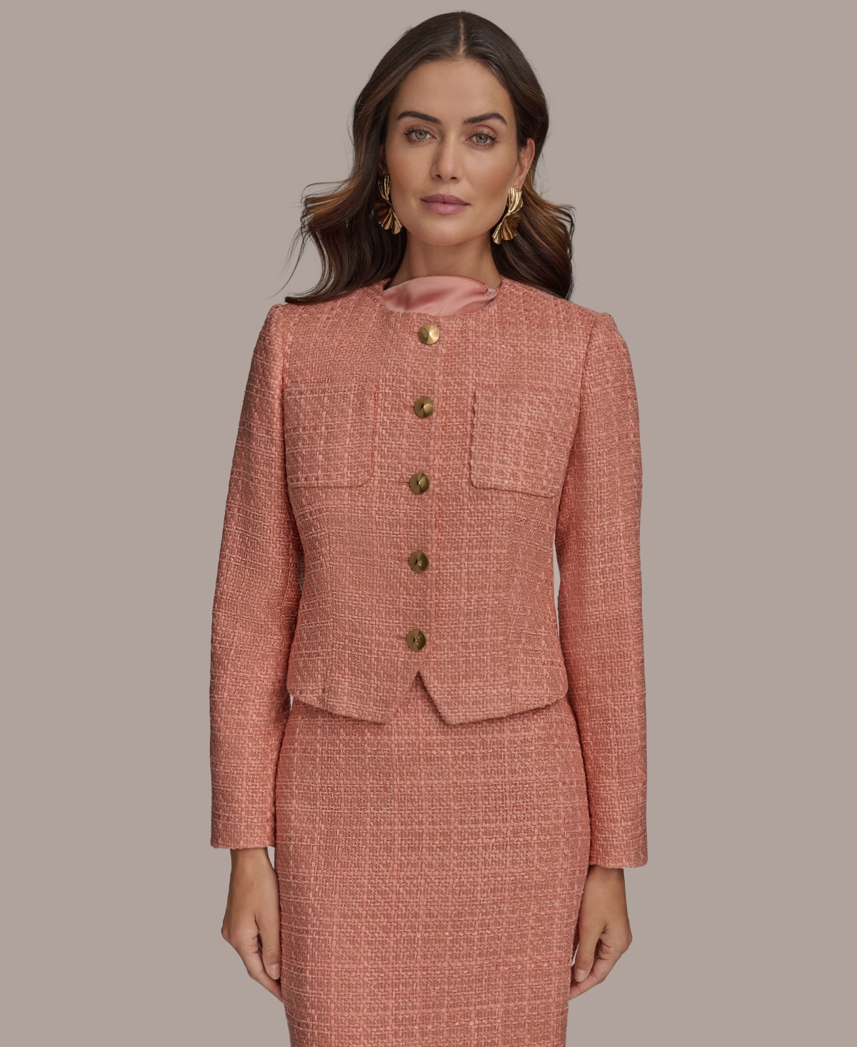 Women's Collarless Tweed Blazer - Apricot