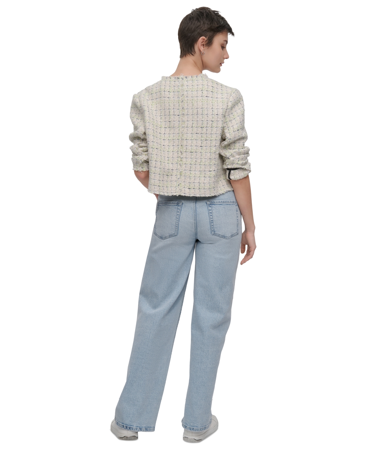 Shop Dkny Jeans Women's Frayed Cropped Long-sleeve Jacket In Kzk - Tea Grn Plaid