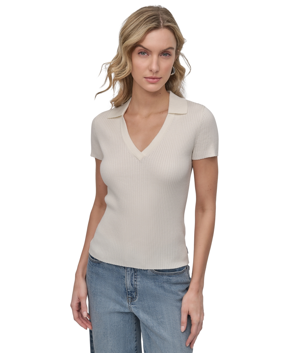DKNY JEANS WOMENS RIBBED V-NECK POLO SWEATER 