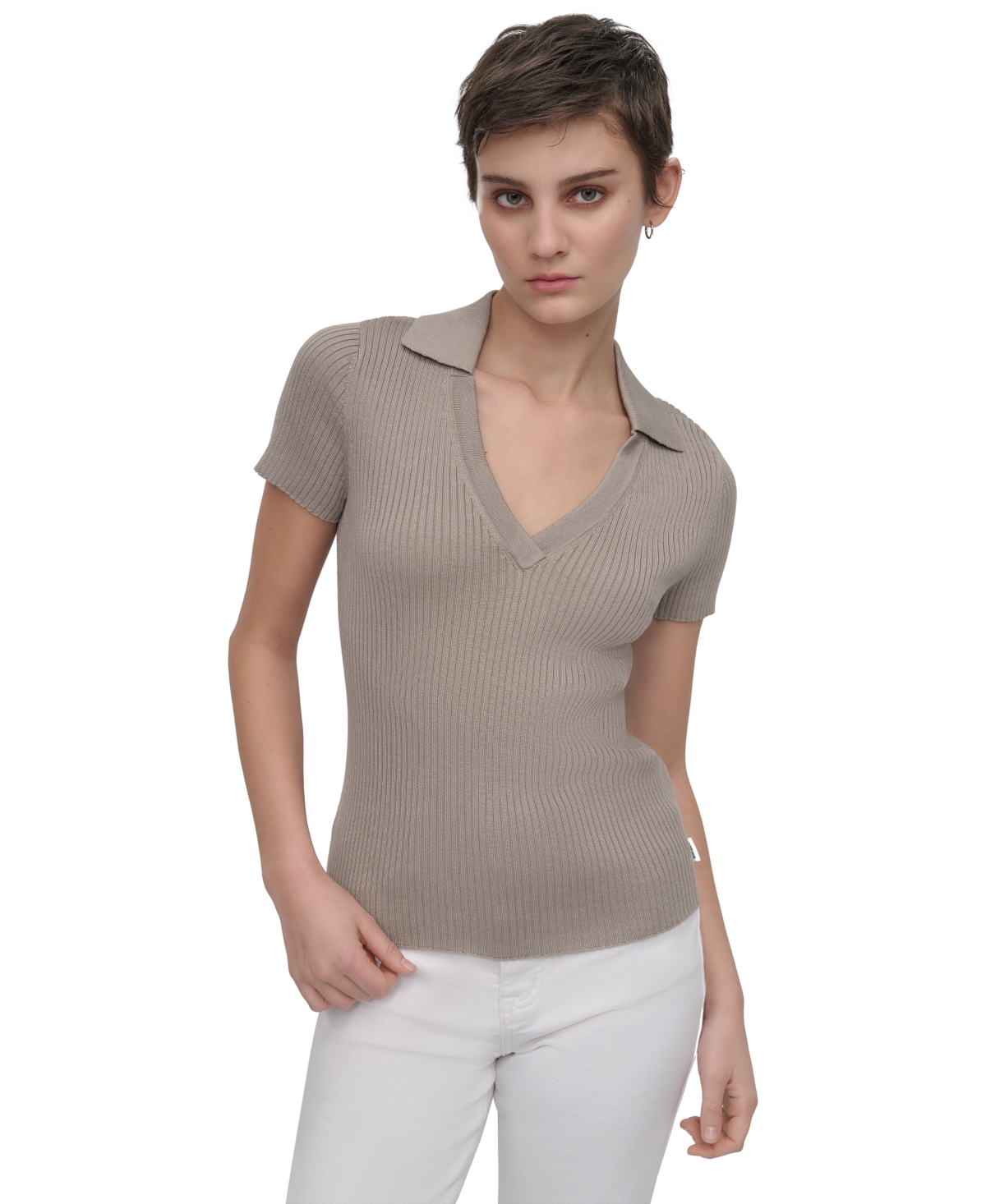 DKNY JEANS WOMENS RIBBED V-NECK POLO SWEATER 