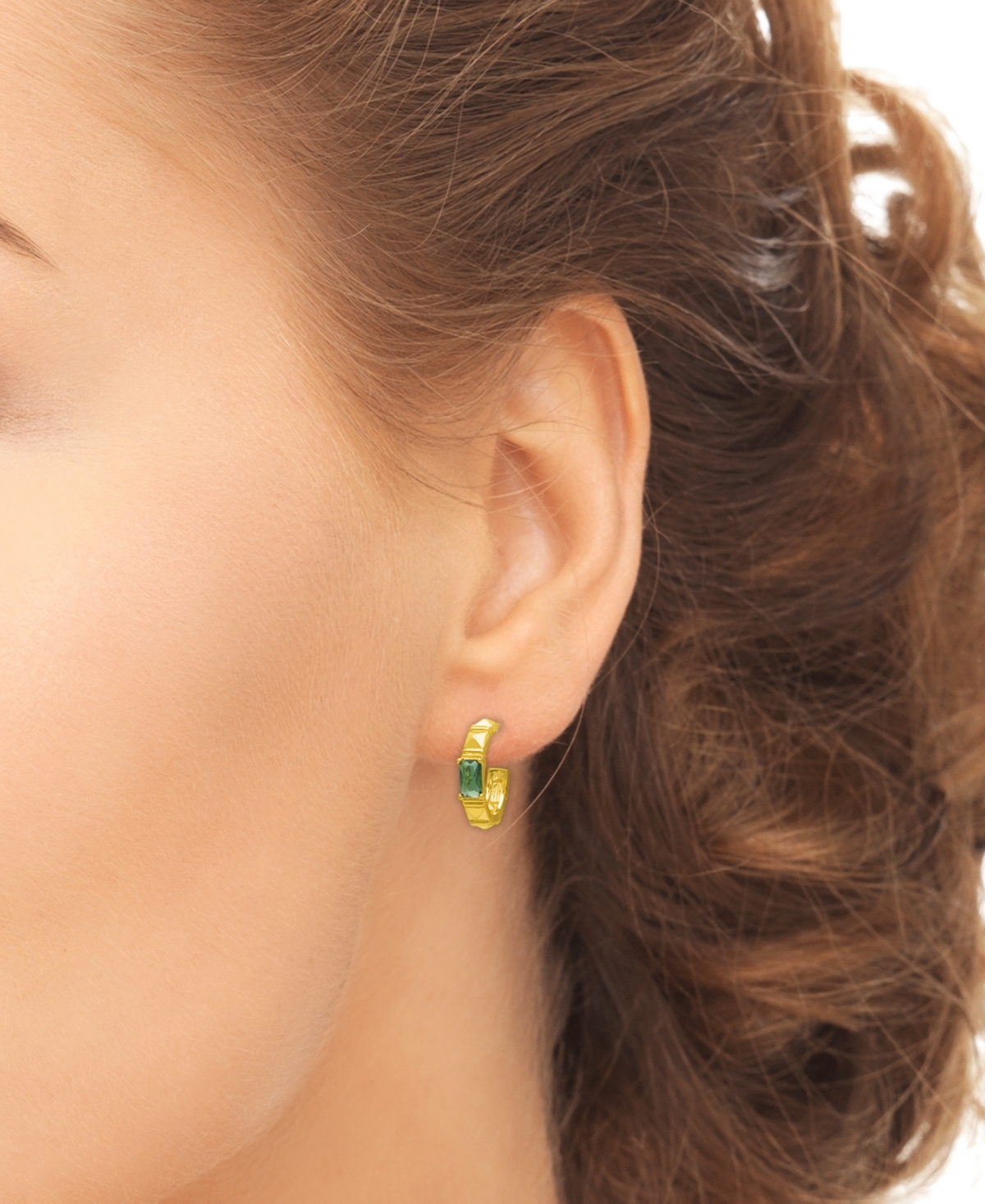 Macy's Green Spinel Textured Small Half Hoop Earrings (1/8 Ct. T.w.) In 14k Gold Over Sterling Silver, 0.55 In Green Spinel