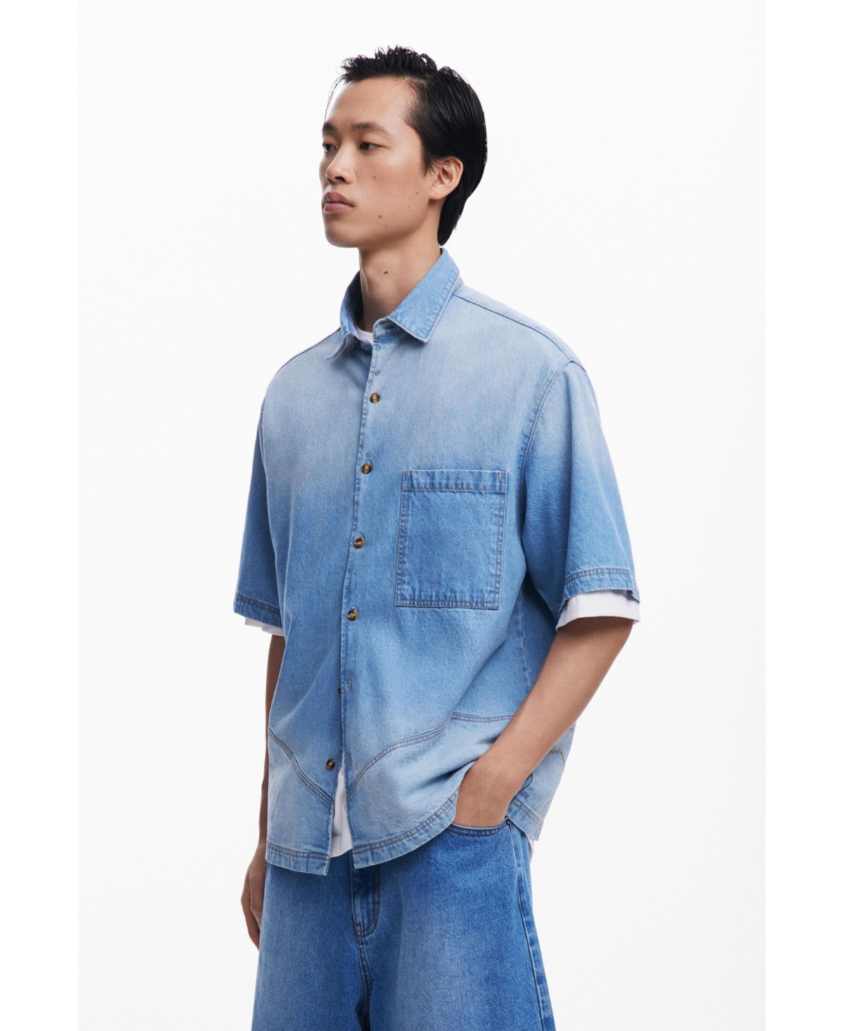 Men's Denim shirt with stitching - Medium blue