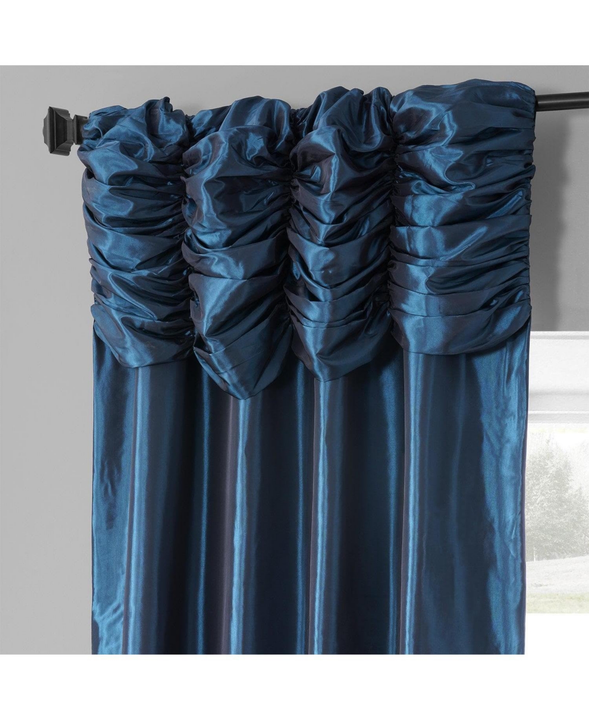 Half Price Drapes Navy Ruched Solid Faux Silk Taffeta Room Darkening Curtain In Blue