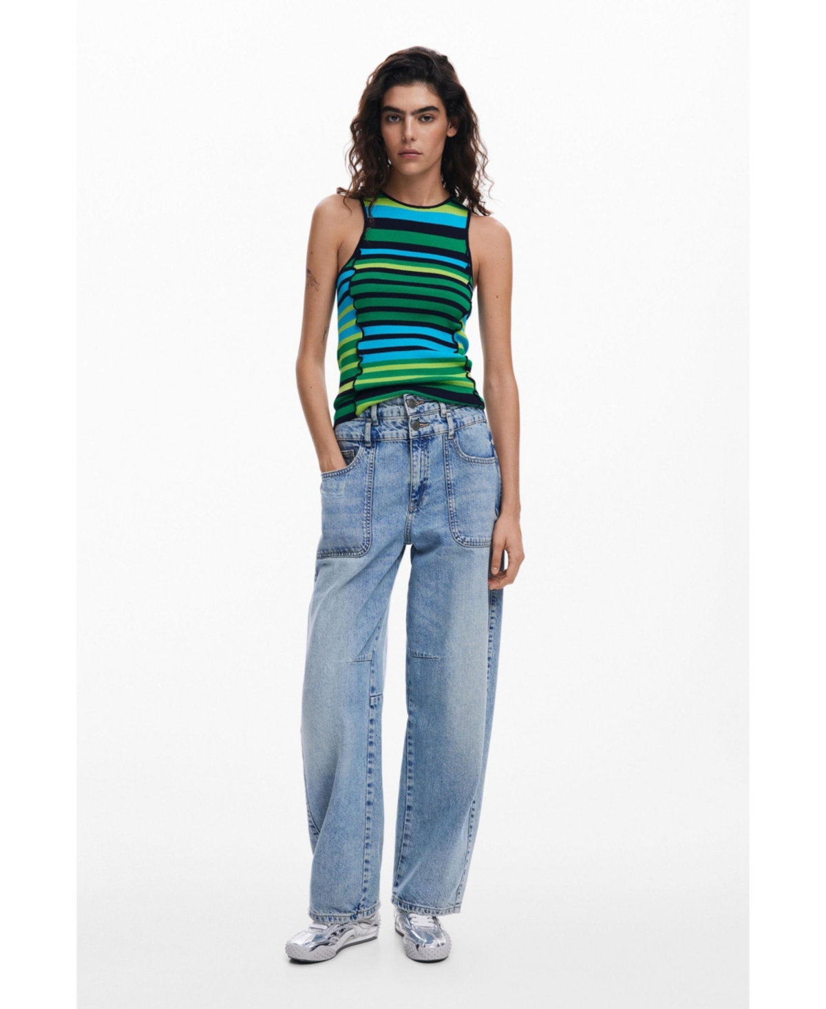 Desigual Striped T-shirt With Trim In Bluish Green