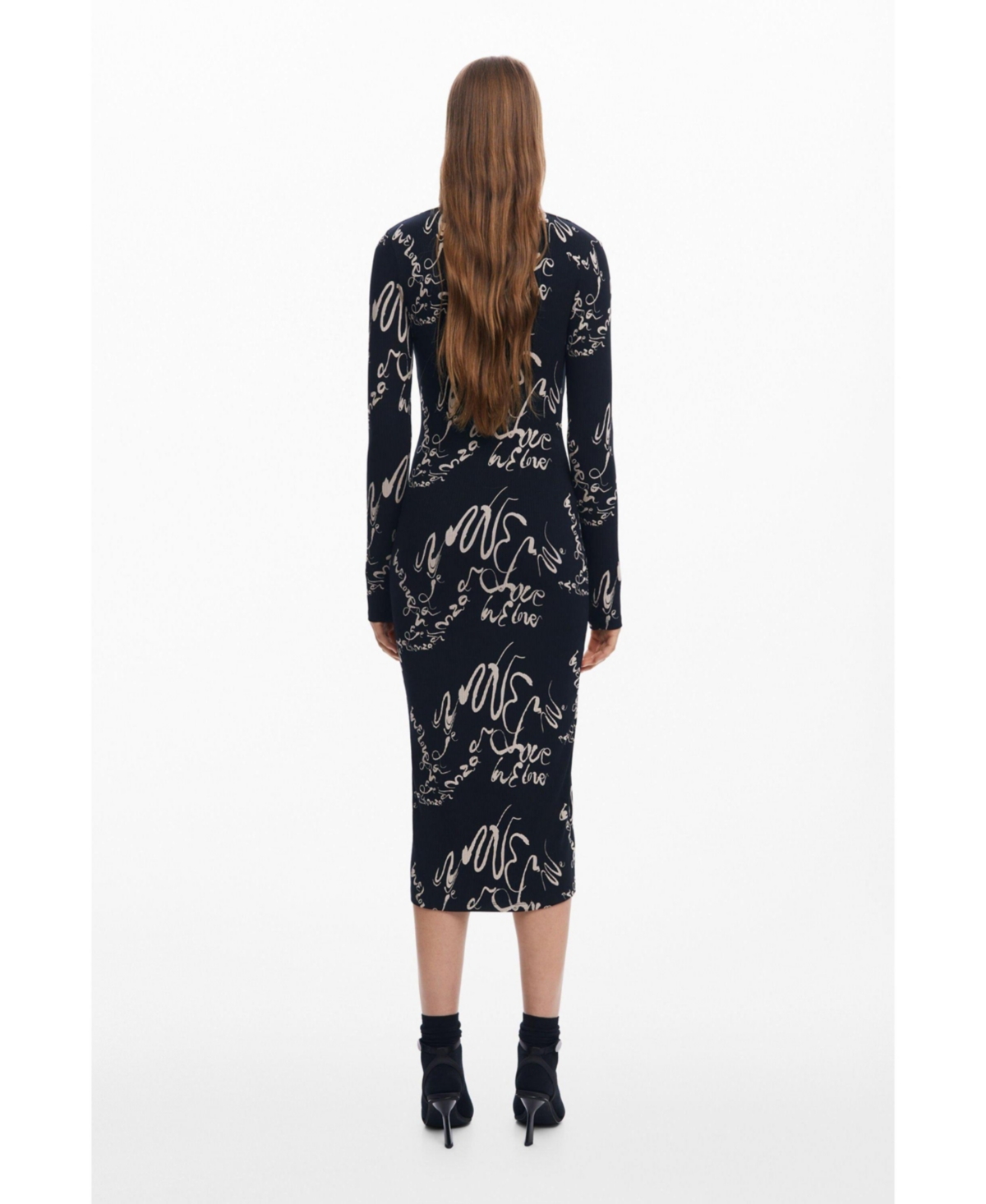 Desigual Love Print Long Sleeve Body-con Midi Dress In Black