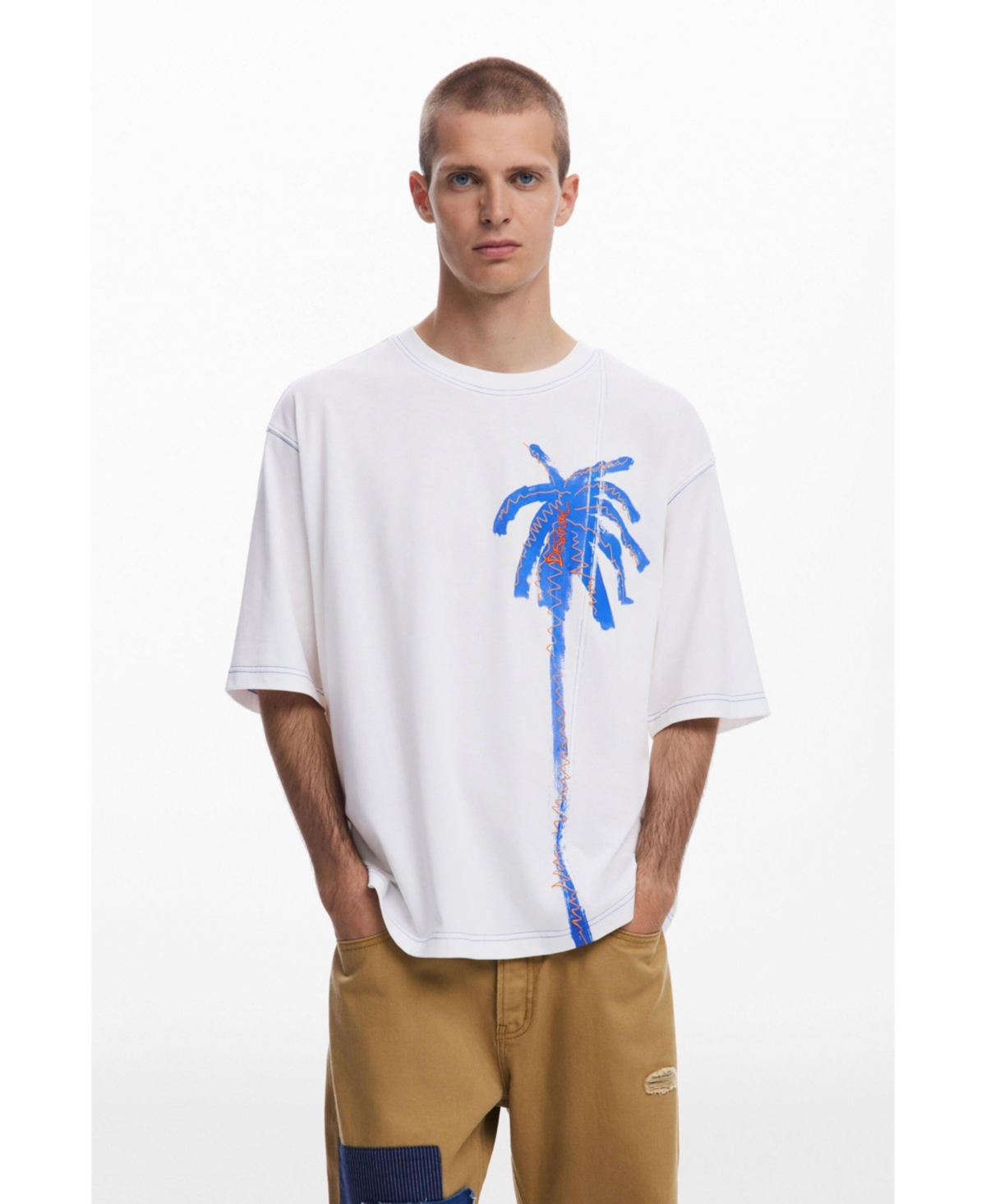 Men's Palm tree T-shirt with topstitching - Light beige