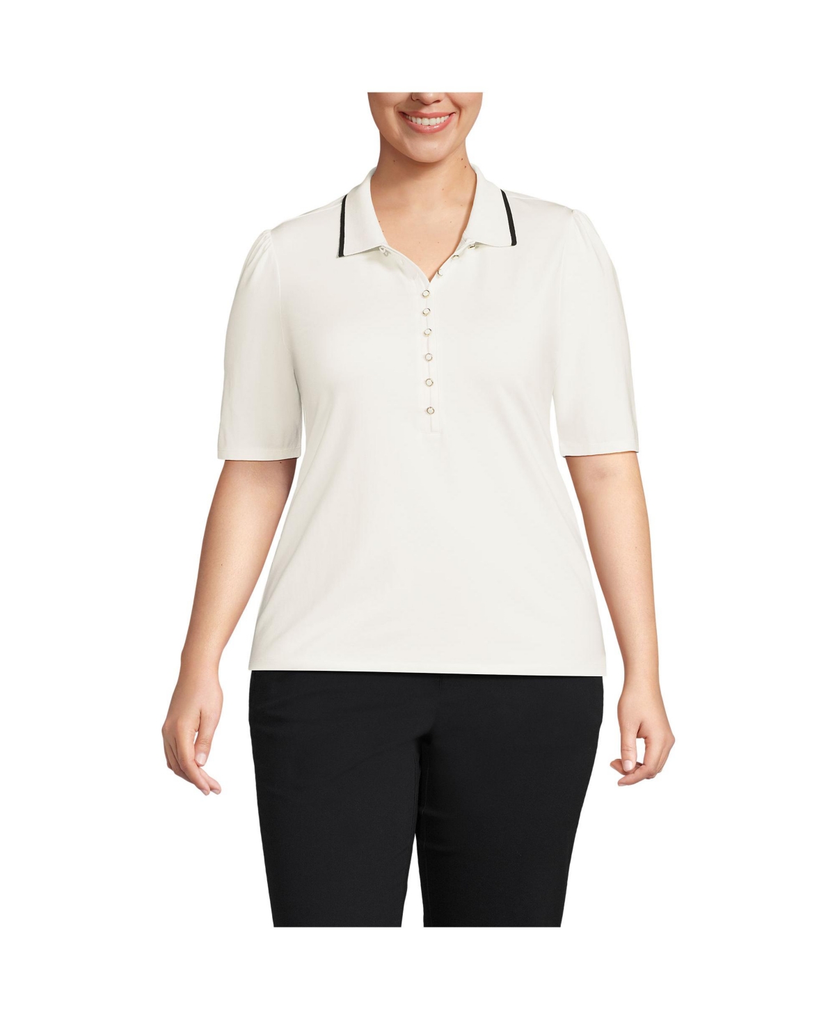 Plus Size Elbow Sleeve Lightweight Jersey Embellished Polo - Ivory/black